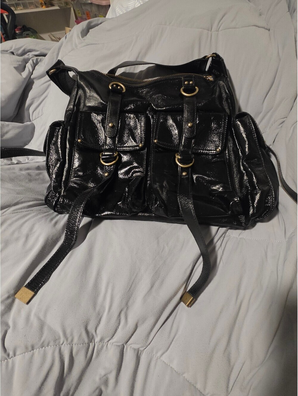 Cynthia Rowley Black Leather Shoulder Bag with Gold Hardware and Multiple Pouch-